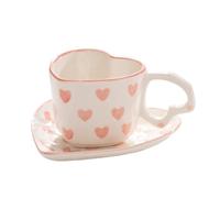 WAIT FLY Heart Shaped Ceramic Coffee Mug Set with Saucer, Tea Cup, Breakfast Cup, Dessert Plate-Pink-8 OZ