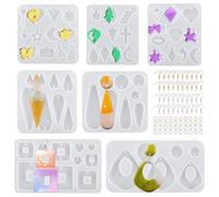 Waitamo 7Pcs Resin Moulds, Earrings Epoxy Resin Silicone Mould with Ear Hooks Jewellery Moulds for Earrings Pendants Necklaces Bracelets Keychains (Style A)
