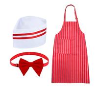 Waiter Costume - Adjustable Red And White Striped Apron Kit, 1950s Waiter Costume Set With Hat And Red Bow Tie Adult Carnival Chef Costumes With Pockets For Birthday Party