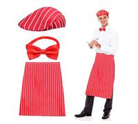Waiter Costume Kit, 3 PCS Adult Carnival Costume, Red and White Striped Apron with 1 Pockets Chef Hat Red Bow Ties,1950s Carnivals Cosplay for Circus Hot Dog Costume, Carnival Outfit (White, S)