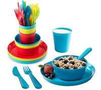 WAIZHIUA 24Pcs Kids Dinnerware Set - Reusable BPA-Free Plastic Childrens Plates and Bowls Sets, 4 Vibrant Colors, Microwave Safe, Portable Toddlers Picnic Set for Party, Camping, Home (Ages 1-6)