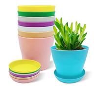 WAIZHIUA 8Pcs 14cm Plant Flower Pots Colorful Plastic Plant Pots Indoor Flower Pots Plant Container Planters with Trays for Office House Succulent Fruit Vegetable Seedlings Transplanting, 8 Colors
