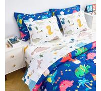 Wajade 7 Piece Kid Boys Dinosaur Comforter Set Twin Size 3D Blue Dinosaur Wild Park Jungle Print Bedding Set with Comforter, Sheet Set, Pillowcase and Sham