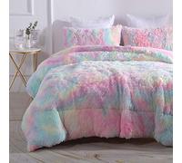 Wajade Faux Fur Plush Rainbow Comforter Set Fluffy Fuzzy Shaggy Bedding Set - 3PC Full Size Microfiber Soft Warm Quilt Set