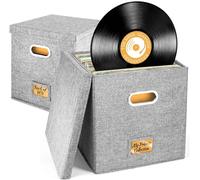 WAJJWI Cotton and Linen Fabric Storage Box, Foldable with Lid, Portable Home Vinyl Record Organizer for Albums(Grey)