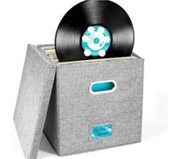 WAJJWI Cotton Linen Fabric Storage Box Foldable with Lid Home Vinyl Record Organizing for Albums(Grey)