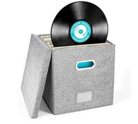 WAJJWI Vinyl Record Storage Box Case for Lp Album Linen Fabric Crate Cube Bins with Lid for Albums(Grey)