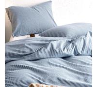 Wake In Cloud - Striped Cotton Duvet Cover Set, 100% Washed Cotton Textured Percale Bedding Set, Ticking Stripe Pinstripe Farmhouse, 3 Pieces, Denim Blue, King Size