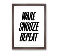 Wake Snooze Repeat Typography Quote Framed Print | A3 Walnut Framed Wall Art | Ready to Hang | Modern Positive Affirmations Picture | Living Room Bedroom Lounge Office