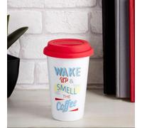 Wake Up Ceramic Reusable Mug with Silicone Lid | Taza
