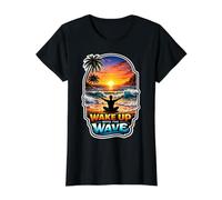 Wake Up with The Wave Sunrise Meditating Value Graphic T-Shirt, Women, Black, L