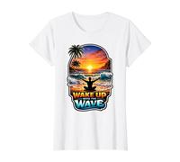 Wake Up with The Wave Sunrise Meditating Value Graphic T-Shirt, Women, White, S