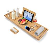 Wakects Bath Tray, Phyllostachys Pubescens Foldable Bathtub Caddy Tray Extendable Bath Board Over Bathtub Rack with Slanted Slots for Tablet Book Wine Glasses Towel