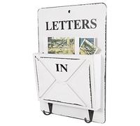 Wakects Wooden Mailbox Holder Wall Mounted Letter Rack with 2 Iron Hooks 7.1 X 1.7 X 10.2 in Mail Organizer Key Holder for Entryway Home Office Cafe (W261803 Letter Hook-White)