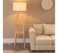 Wakefield Two Shelf Wooden Floor Lamp with Linen White Trim Drum Shade and Bulb ValueLights Natural One Size