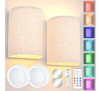 WAKERUG 2Pcs Wall Lights with Remote Control, Rechargeable 13 Colours Changeable Dimmable Wall Sconces, Wireless LED Wall Lamp with Fabric Shade Fixtures for Bedroom Living Room Hallway Stair