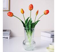 WAKISAKI 16-inch Premium Real Touch Fake Tulips, Artificial Flowers with Buds, Flexible Stem Easy to Shape, Faux Tulips (Vase not Included), 5-Pack Set of Sunset Orange