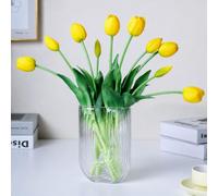 WAKISAKI 16-inch Premium Real Touch Fake Tulips Artificial Flowers with Buds, Flexible Stem Easy to Shape, Faux Tulips for Home Decor Indoor (Vase not Included), 10-Pack Set of Lemonade Yellow