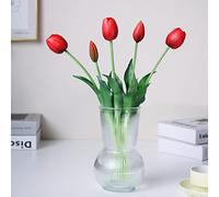 WAKISAKI 16-inch Premium Real Touch Fake Tulips, Artificial Flowers with Buds, Flexible Stem Easy to Shape, Faux Tulips (Vase not Included), 5-Pack Set of Passion Red