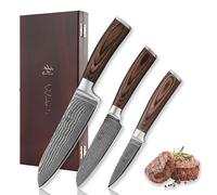Wakoli EDIB Chef Knife Set, 3-Piece VG10 Core Damascus Steel Kitchen Knives | Santoku, small Santoku, and Paring knives with VG10 core, pakkawood handles, kitchen knife set in a wooden gift box