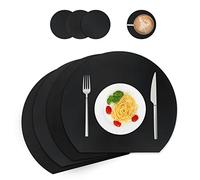 WAKOSAN Placemats and Coasters Made of Leather, Washable Place Mats, Washable, Table Decoration, Place Mat Washable Round, Place Mats for Kitchen Dining Table, Set of 4 (Semicircle, Black), Halbkreis