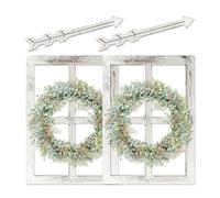 WAKOSAN Rustic Wood Window Frame Wall Decor with Wreath & Arrows | Farmhouse faux window panes, green hanging wreaths, arrows for living room bedroom entryway farmhouse gallery wall