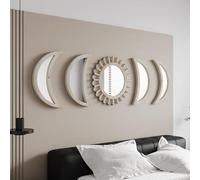 WAKOSAN Wall Mirror, Moon Phase Mirror Set, Wall Decor for Bedroom, Bohemian 5PCS Wooden and Real Glass Mirror with Crystal Clear Reflection, Gothic Decor, Multi-Angle Installation (White)
