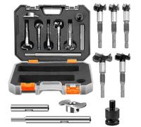 WaKuKa 10Pcs Carbide Forstner Drill Bits Set for Woodworking, Round Shank with Thread Design, Drilling Cutting Tool with Extension Bar & Drill Limiter for Wood Plywood Plastic, with Storage Case