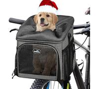 Wakytu Dog Bike Basket Carrier, Pet Bicycle Front Carrier Backpack for Bike Riding Foldable Removable, Reflective Strips, 2 Side Storage Pockets, Pet Travel Bag for Cats Small Dogs