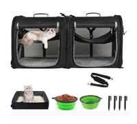 wakytu Portable 2-in-1 Pet Carrier for Medium Dogs Large Cat 2 Cats Travel Double Dog Crate Set with Carry Bag/Hammocks/Mats/Tent Stakes/2 Pcs Bowls Outdoor Camping, 2.0 Black