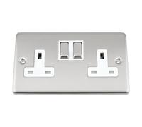 Wal Double Socket 2 Gang - Satin Matt Chrome Classic - White Insert - Metal Rocker Switch