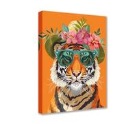 Walarky Cute Animal Poster Prints Artwork Tiger Wear Shades and Flowers Straw Hat 1P Canvas Room Wall Creative Pictures Home Decor for Living Room Framed Gallery-Wrapped Ready to Hang 12x16inch