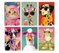Walarky Funny Animals Drawing Paint by Number Adults Set of 6 Graffiti Cat Giraffe Ox Dog Frog Chicken Wearing Glasses Digital Oil Painting Frameless
