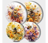 Walarky Garden Bees Picture Round Hob Covers Yellow 4-Piece Stove Plate Cooker Hob Covers for Cookers Colorful Flowers Top Burner Gas Range Oven Protector Kitchen Accessories Cooktop Decorative Decor