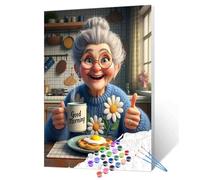 Walarky Happy Grandma Paint by Numbers Granny Eat Breakfast DIY Painting on Canvas with Brushes Pigment Easy to Paint Kitchen Crafts DIY Paintwork Home Decoration Drawings Gift 16x20 Inch (Frameless)