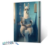 Walarky Llama Red Newspaper Paint by Numbers Wearing Glasses Canvas Oil Painting Kits for Adults Animal Sitting on The Toilet Digital Painting Craft Art Gift Home Wall Decor 16X20In(DIY Frame)