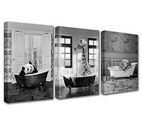 Walarky Panda and Elephant in Bathtub 3 Panel Canvas Wall Decor Giraffe Playing with Bubbles Contemporary Artwork Black and White Home Decor for Living Room Wooden Framed Posters and Prints-42''X20''
