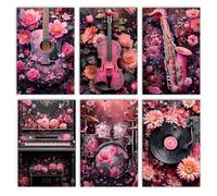 Walarky Pink Flowers and Musical Instruments Drawing Paint by Number Adults Set of 6 Guitar Piano Trumpet Drums Digital Oil Painting Frameless