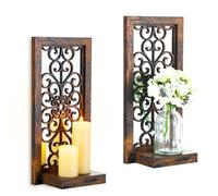 Walasis Farmhouse Wall Candle Holder Decor: Rustic Candle Sconces Set of Two for Pillar Candles - Brown Wooden Shelving for Fireplace Bathroom Hallway