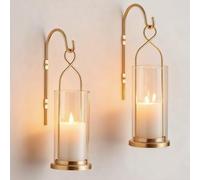 Walasis Gold Candle Sconces Wall Decor: Set of 2 Wall Candle Holder for Pillar Candles - Modern Metal Hurricane Lantern Decoration for Indoor Porch Fireplace Bathroom Living Room