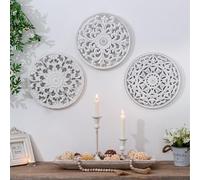 Walasis Wood Wall Decor Carved Panel Distressed White Set of 3 Wooden Wall Art Hanging Decoration Rustic Sculpture Ornament for Home Hallway Bedroom Living Room Office