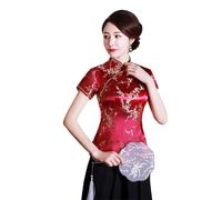 Walbest Women's Chinese Cheongsam Short Sleeve Stand Collar Dragon Phoenix Print Ethnic Blouse Shirt Top for Summer Party, Wine Red, Large