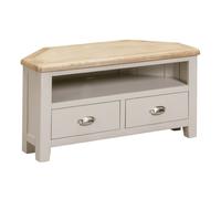waldorf wooden corner tv stand with 2 drawers in oak and white