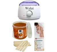 Walee Professional Wax Heater Kit, White Plastic Warmer, Honey Wax Pot, Wooden Spatulas, 100 Waxing Strips