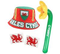 Wales Bucket Hat, Daffodil and Tattoos - Red Bucket Hat with Welsh Dragon, Inflatable Wales Daffodil and Welsh Flag Tattoos - World Cup Sports Supporter Fancy Dress Accessories