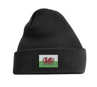 Wales Flag Embroidery Beanie | Welsh Dragon Hat for Adults | Knitted Winter Cap Black