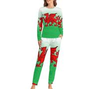 Wales Flag Welsh Dragon Women's Pajamas Set Long Sleeve Lounge Sets Soft Sleepwear with Pockets S