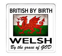 Wales Gift. British by birth - WELSH by the grace of God coaster drip mat, PATRIOTIC Wales tea/coffee mug drip mat. Matching Welsh gifts available.