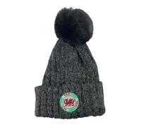 Wales Grey Bobble Hat| Warm Knitted Winter Beanie with Fluffy Pom Pom & Embroidered Welsh Dragon Badge| Cozy, Stylish & Durable Unisex Hat for Rugby Fans, Outdoor Adventures, Festivals & Everyday Wear