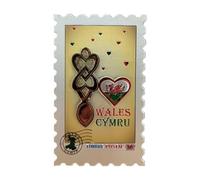 Wales Postal Love Spoon 3D Foil Magnet Shimmering Welsh Souvenir Fridge Magnet Feat. Traditional Love Spoon Design, Postal Stamp Style Background, Raised 3D Detail Metallic Foil Cymru Keepsake Gift
